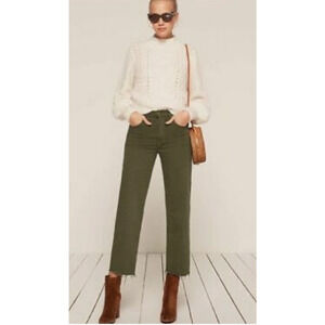 Reformation Army Green Wide Leg High Rise Raw Hem Stretch Flood Pants